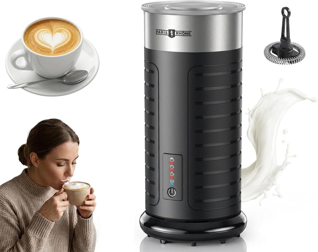 Stainless Steel Milk Frother, Waterproof & Fully Dishwasher Safe, 4 Modes for Hot/Cold Foam, Latte, Cappuccino, One-Touch Operation, Ergonomic Grip, Compact Coffee Maker