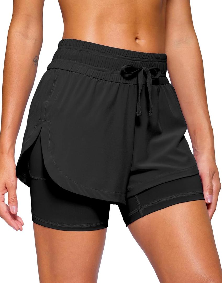 Soothfeel Women's 2 in 1 Running Shorts 5" Athletic Shorts High Waisted Workout Gym Tennis Exercise Shorts with Liner Pocket (Medium, Black)