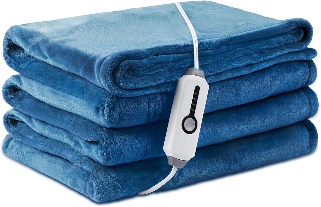 Electric Heated Blanket Twin Size 62"84", Breathable & Luxurious Flannel, Soft Warm Gift with Over-Heat Protection, 4 Heating Levels & 10 H Auto Shut Off, Machine Washable, Lake Blue