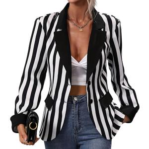 IBTOM CASTLE Women's Black White Stripes Blazers Casual Button Long Sleeve Jacket Halloween Work Business