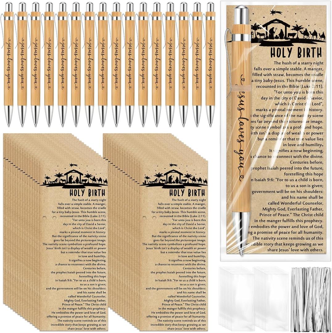 Tenceur 30 Sets Christian Gift Bulk Religious Gifts Include Bamboo Pen Nativity Gospel Tract Card Bookmark for Church Sunday School Office Employee Coworker