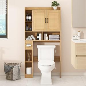 Farmhouse Rattan Storage Cabinet Over Toilet - 2 Door with Toilet Paper Holder - Space-Saving for Bathroom, Oak