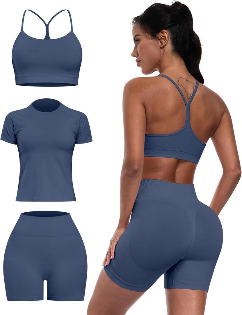 Women 3 Piece Workout Sets Seamless Running Tops Athletic Gym Yoga Short Y Back Sports Bras Outfits, XXL