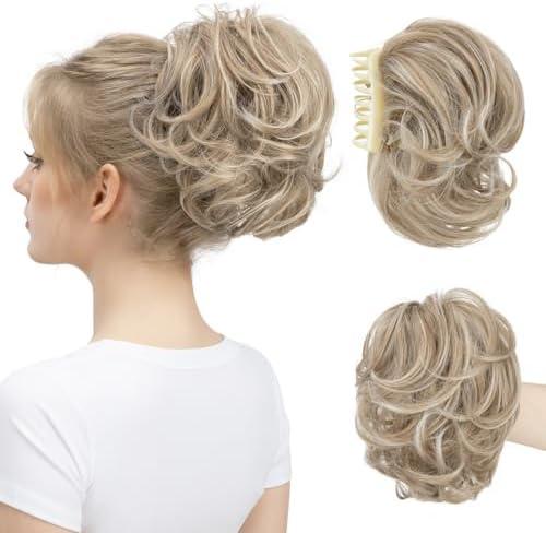 youngways Claw Clip Short Ponytail Messy Bun Hair Piece Bendable Hair Branch Extensions Fluffy Wavy Curly Synthetic Versatile Ivory Blonde Hairpieces