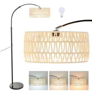 Arc Floor Lamp for Living Room, Stylish Rattan Boho Floor Lamp with 3 Color Temperature Dimmable LED Bulb, Farmhouse Tall Lamp, Arched Standing Lamp for Office Bedroom Living Room Corner (Beige)
