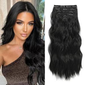 Clip in Hair Extensions for Women, 6PCS Long Wavy Curly Clip on Hair Extensions 20 Inch Natural Black Synthetic Hairpieces