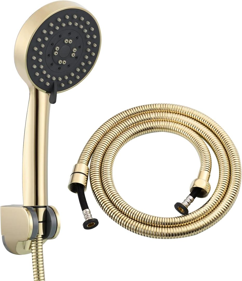 Tecmolog RV Shower Head with Hose and Mount ABS Plastic 5 Spray Hand Held Shower Head Set for Bathrrom, Zirconium Gold, BS144F