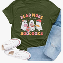 Womens Halloween Teacher Shirts Read More Books T-Shirt Funny Ghost Reading Book Print Tee S