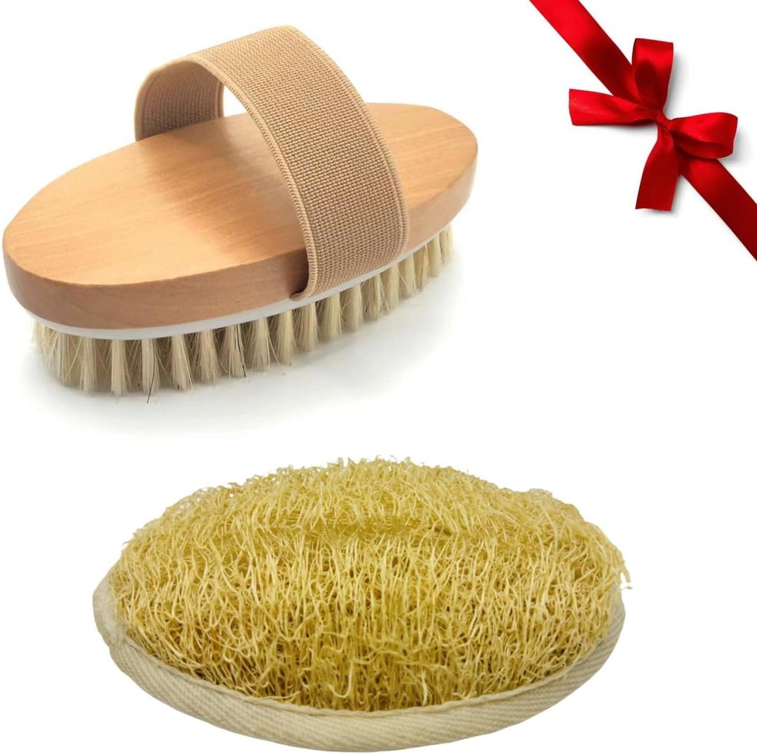 Body Brush Set Include Soft Natural Brush and Loofah, for Wet and Dry Brushing, for Exfoliating and Massaging Skin, Cellulite Treatment, Lymphatic Drainage and Blood Circulation Improvement