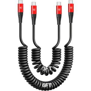 Coiled USB C Cable for Car 3FT & 6FT, USB C to USB C Fast Charging Cable USB Type C Cord Compatible with iPhone 16/15/Plus/Pro/Pro Max/MacBook Pro 2020/iPad Pro 2020/iPad Air 4/Samsung Galaxy S23-Red