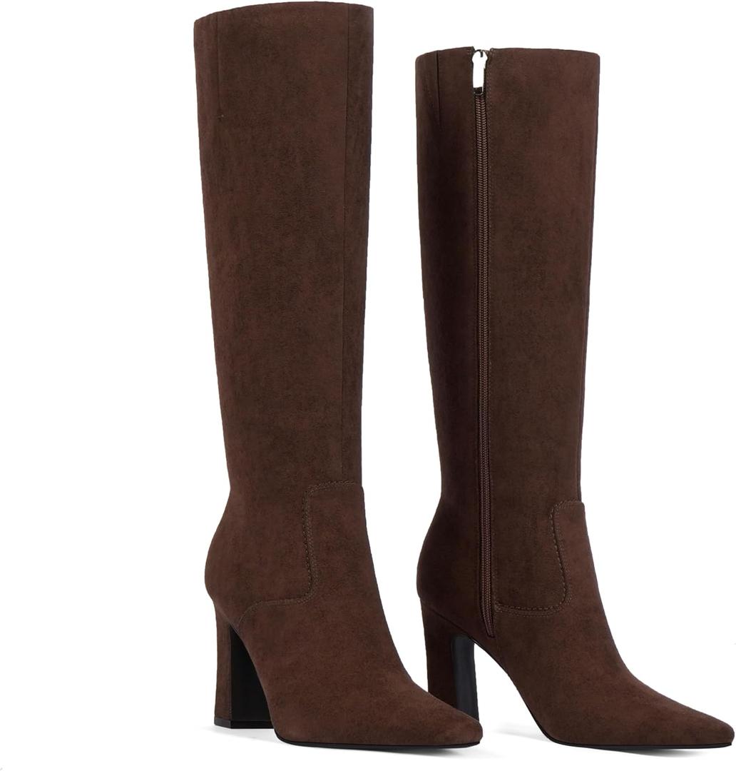 Knee High Boots for Women 3" Chunky Heel Square Toe Fall Winter Side Zipper Dress Tall Boots for Women (8.5, Chocolate Suede)