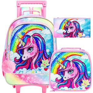 3PCS Rolling Backpack for Girls Boys, Kids Roller Wheeled Bookbag with Lunch Box, Backpacks with Wheels for Elementary (Unicorn Rainbow)