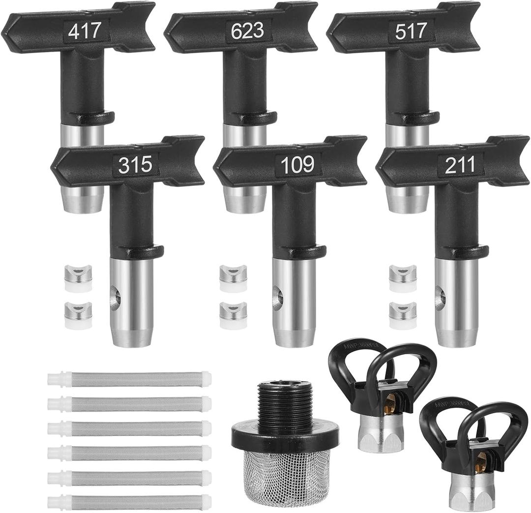 15 Pcs Airless Paint Sprayer Tips Set Includes 6 Reversible Spray Nozzle Tips with Spacer, 6 Airless Sprayer Filter, 1 Replacement Inlet Strainer and 2 Nozzle Guards