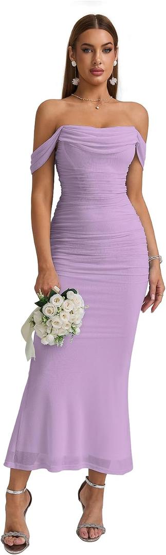 KUTUMAI Off The Shoulder Maxi Long Dress Corset Ruched Bodycon Cocktail Formal Wedding Guest Dresses for Women (Purple, L)