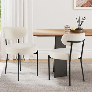 Sweetcrispy Dining Chairs Set of 2, Boucle Upholstered Modern Mid Century Round Kitchen Chairs with Curved Backrest & Metal Legs for Vanity, Living Room - Beige