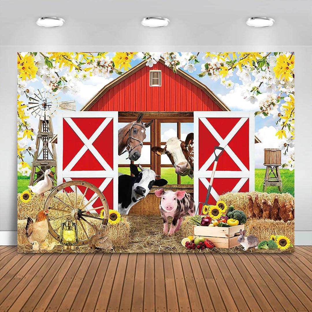 Spring Farm House Photography Backdrop 10x7ft Animals Red Rustic Barn Birthday Background Party Decorations for Kids Farm Theme Baby Shower Banner Photo Booth Props