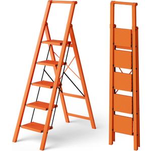 HillhutApex 5 Step Foldable Aluminum Step Ladder with Handgrip, Anti-Slip Pedal, 330 lbs Capacity, Lightweight & Portable for Home, Kitchen, Office, Garage (Orange)