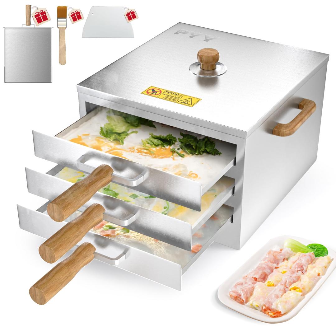 PYY Rice Noodle Roll Steamer Machine - 3 Layers 4 Trays Cantonese Cheung Fun MachineAnti-scalding Handle Changfen Maker for Commercial and Home, Extra Stainless Steel Steam Tray and Wooden Handle