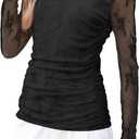 XIEERDUO Women's Sexy Sheer Long Sleeve Tops Crew Neck Mesh Ruched Going Out Shirts Blouse Date Night Outfits (Black, XS)