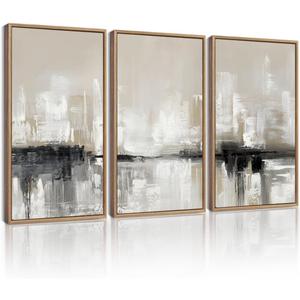 KUVIOKE Abstract Gray Framed Wall Art Neutral Brown Artwork Painting Morden Minimalist Wall Decor Rustic Home Decor 16x24in (Natural Framed)