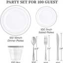 FOCUSLINE 600 Ct Silver Dinnerware Set for 100 Guests - Silver Rimmed Disposable Plastic Plates, Includes 100 Dinner & Salad Plates, Cups, Cutlery Set for Wedding Parties