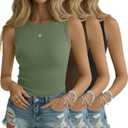 3 Pack Women's Ribbed Tank Tops Crew Neck Sleeveless Knit Tees Cotton Slim Fitted Basic Cami Shirts Tees (Medium, Black, Brown, Green)
