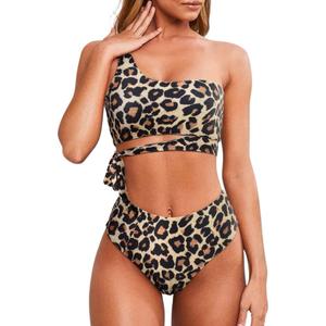 MOOSLOVER Women One Shoulder High Waisted Bikini Tie High Cut Two Piece Swimsuits (Large, Leopard)