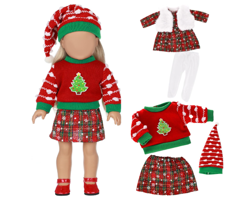 UPINS Christmas 18 Inches Doll Clothes and Accessories Winter Doll Outfits Set Christmas Deer Costume Includes Tutu Dress Vest T-Shirt Shoes Hairpin Socks for 18 Inch Doll Girls Gifts