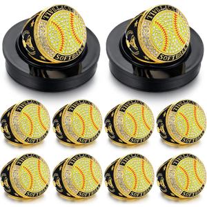 Highergo 10pcs Softball Soccer Baseball MVP Championship Trophy Ring with Display Neck Chain and Stand Basketball Cheerleading Bowling Football Volleyball Track Field for Award Gift (Gold)