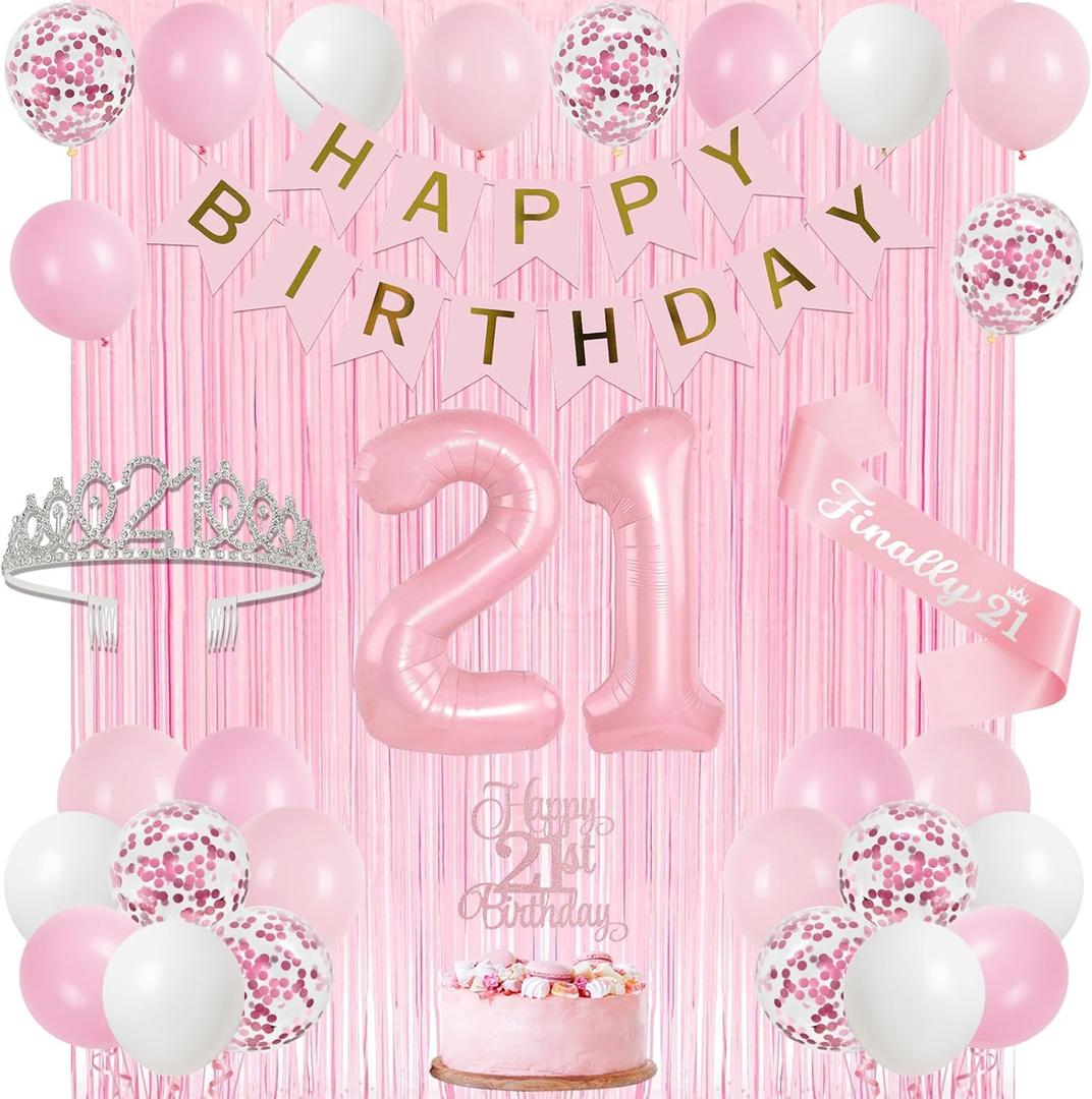Trgowaul 21st Birthday Decorations for her, Pastel Light Pink and White Happy 21st Birthday Supplies for Girls, 21 Sash and Crown, Banner, Fringe Curtains, Cake Topper, 21 Year Old Party Supplies Set
