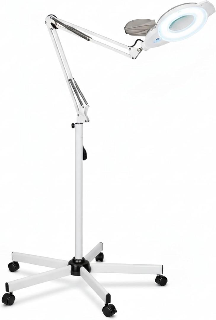 Professional Magnifying Lamp with UV Light, 5X Optical Glass Lens, Adjustable LED Brightness, 360 Swivel Wheels, Extendable Arm, Ideal for Detail Work by Tattoo Artists, Lash Extension Experts