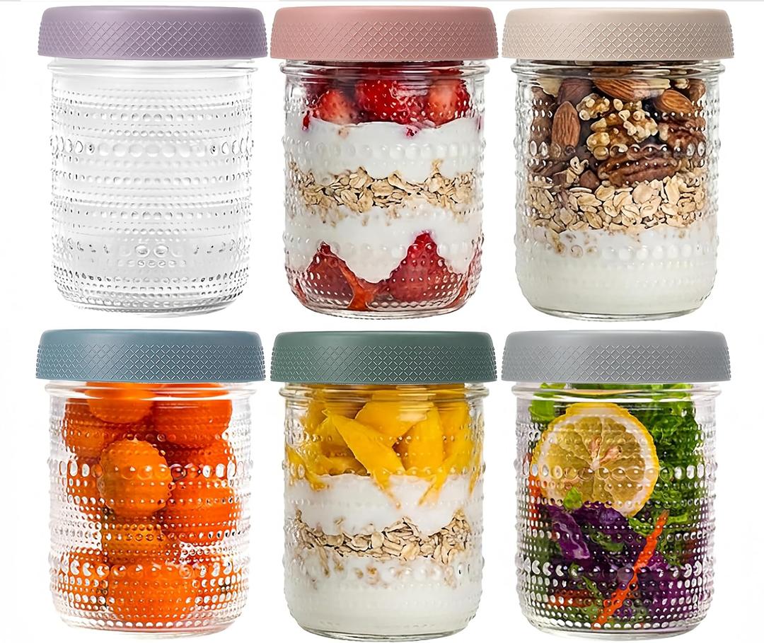 WACOI Overnight Oats Containers 16oz with Lids, 6 Pack Wide Mouth Mason Jars with Airtight Lids, Glass Food Storage Containers for Pickling, Fermenting, Snacks, Salad, Yogurt, Spice