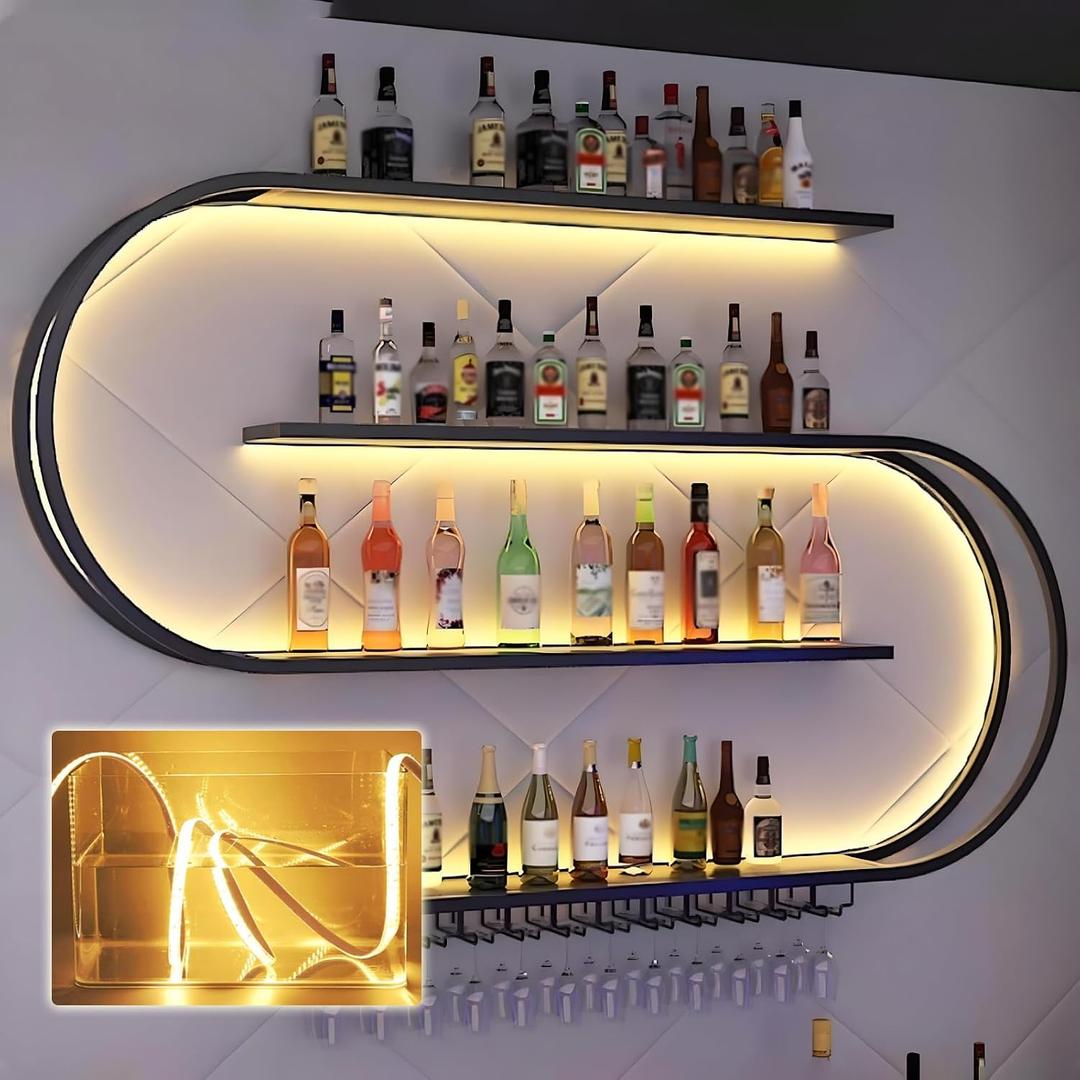 47.2in Large Wall Mounted Wine Rack with LED Light, 4-Tiers Half Round Wine Rack with Wine Glass Hooks, Iron Wine Bottle Display Rack for Kitchen, Home Bar, Cafe (BLACK, 47.2 * 7.87 * 47.2IN)