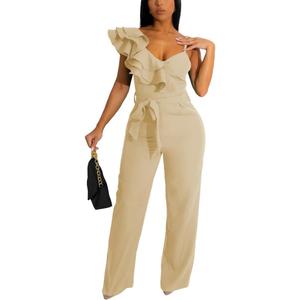 HBQ Womens Casual One Piece Jumpsuits V-Neck Sleeveless Ruffle Elegant Romper Wide Leg Pant Sexy Party Clubwear Overalls, XL