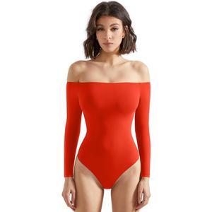 SUUKSESS Women Off the Shoulder Long Sleeve Bodysuit Double Lined Thong Bodysuit (Large, Red)