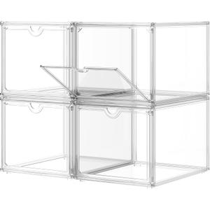 Clear Shoe Storage Boxes Stackable, Display Case With Magnetic Door, 4 Pack Acrylic, Plastic Shoe Boxes With Lids, Sneaker Storage