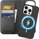 SHIELDON Case for iPhone 15 Pro, Genuine Leather Detachable Wallet Wireless Charging Folio Magnetic Kickstand RFID Blocking Card Slots Shockproof Case Compatible with iPhone 15 Pro 6.1" - Black