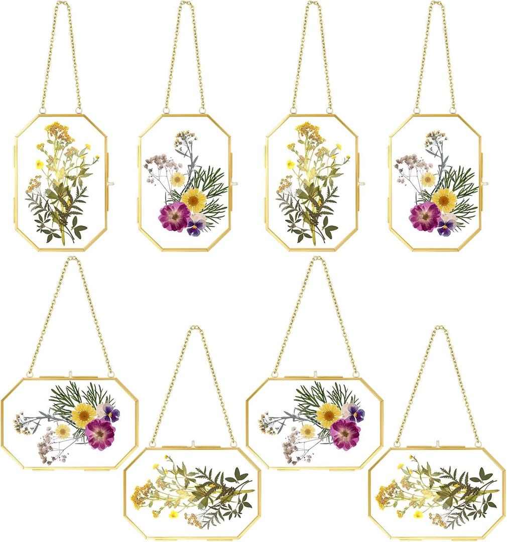 Spiareal 8 Pcs Octagon Glass Pressed Flower Frame 4 x 6 Inch Double Clear Hanging Floating Frame with Chain Gold Geometric Herbarium Glass wall Picture for Dried Flower Plants Home DIY Wall Decor