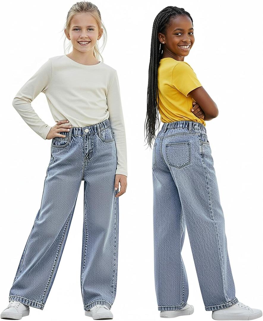 Girls Straight Leg Bootcut Ripped Baggy Jeans for 8-12 Y Old - Adjustable Stretch Waist Pull Up 5 Pockets Washed Denim Pants