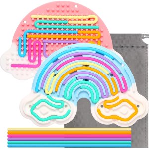 Hongvkae 2pcs Fidget Toys Sensory Activity Board, Silicone Sensory Toys for Anxiety Autistic ADHD Calming, Kids 3+ & Adults, Travel Bag & 24 Strings, Rainbow (Pink & Blue)