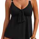 Aleumdr Women's Tankini Swimsuits Tummy Control Two Piece Bathing Suit V Neck Tie Front Flowy Swim Top with Bottom Black XX-Large