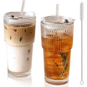 2 Pack Iced Coffee Cup with Lids, 20oz Clear Glass Tumbler with Straw & Lid, Ribbed Glassware Cups, Dishwasher Safe Drinking Glasses, Stylish Glass Cups for Coffee, Juice, Tea, Matcha