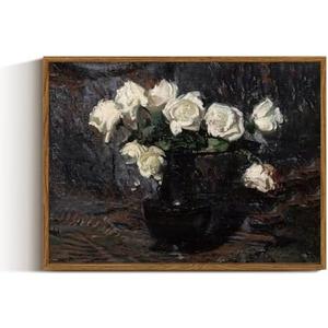 VIYYIEA Framed Canvas Wall Art Home Decor Vintage Botanical Prints White Roses in Vase Rustic Farmhouse Flower Wall Decor Mid Century Pictures Art Prints Floral Room Decor for Living Room 12x16in