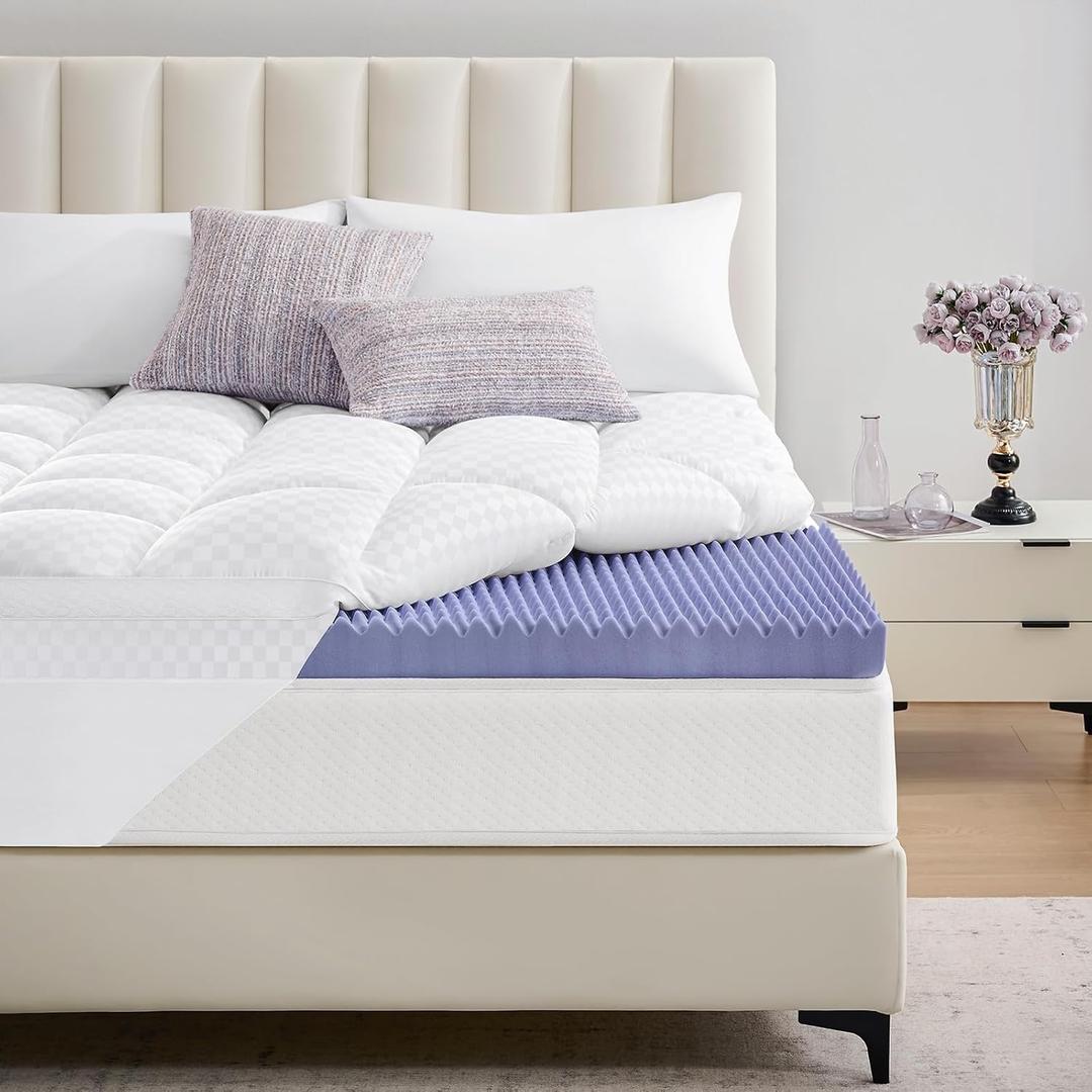 downluxe 5 Inch King Memory Foam Mattress Topper Pro Dual Layer 3 Inch Cooling Gel Egg Crate Memory Foam Plus 2 Inch Pillow Top Medium Firm with Deep Pocket (White)