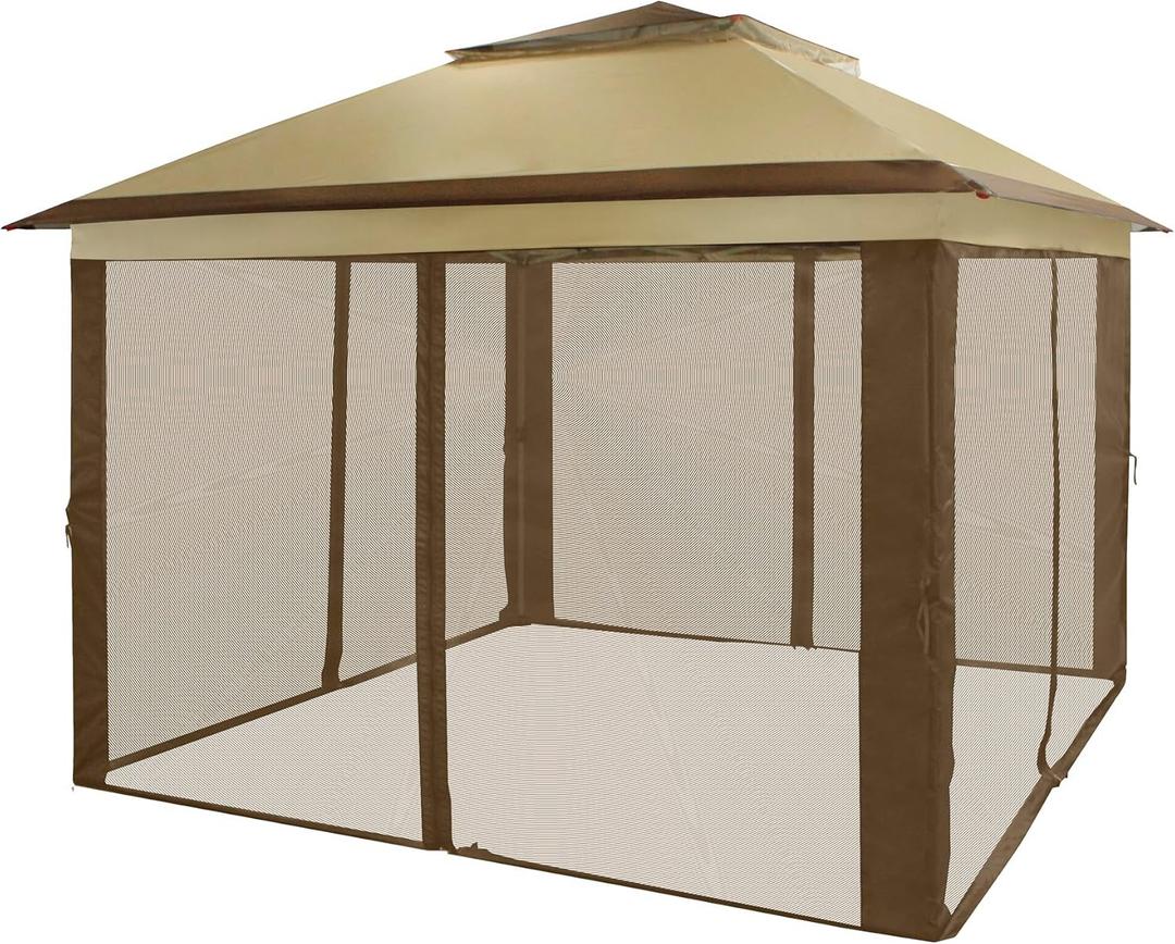 CROWN SHADES 11x11 Pop Up Gazebo, Patented One Push Outoor Canopy Tent with Wheeled STO-N-Go Cover Bag, Pop Up Canopy with Netting for Patio, Backyard (11x11, Beige & Coffee) (11x11, Beige & Coffee)