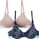 Tommy Hilfiger Womens Microfiber Push Up Bra 2-Pack (34A, Flyaway Floral Sky Captain/Balanced Beige)