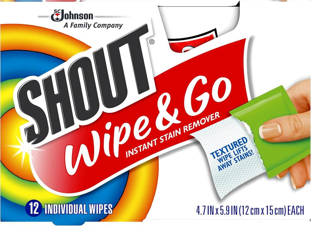Shout Wipes Stain Remover for Clothes Laundry, Instant Stain Remover and Individually Wrapped, Travel Essentials, Works on Everyday Stains, 12 Wipes per Carton (1 Carton) Shout Wipes Stain Remover for Clothes Laundry, Instant Stain Remover and Individually Wrapped, Travel Essentials, Works on Everyday Stains, 12 Wipes per Carton (1 Carton)