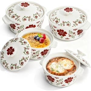 Coloch 4 Pack Mini Cocotte Set with Handle, 8 Oz Ceramic Ramekins with Lids Round Mini Casserole Dishes Souffle Soup Bowls Individual Serving Pot for Baking, Souffle, Creme Brulee, Oven Safe, Red