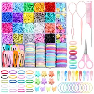 Hair Accessories for Girl, 1543 Pcs Elastic Hair Rubber Bands Set 20 Colors Elastic Hair Ties with Organizer Box Cotton Baby Hair Ties, Hair Tail Tools, Rat Tail Comb, Butterfly Hair Clips (Multicolor)