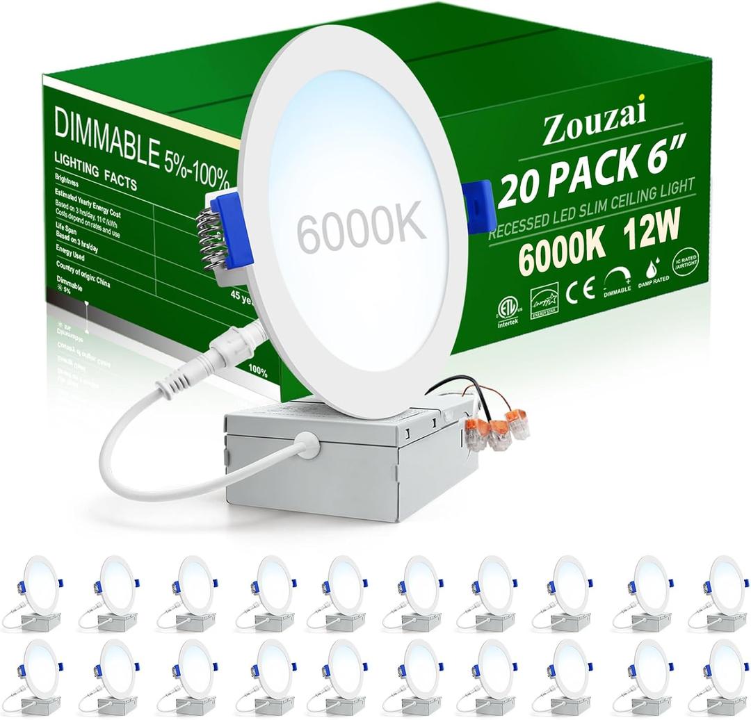 zouzai 20 Pack 6 Inch Ultra-Thin LED Recessed Ceiling Light with Junction Box 6000K Cool White Adjustable Dimmable Can-Killer Downlight - ETL and Energy Star Certified